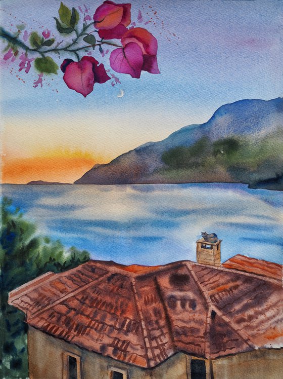 Mediterranean mood - original watercolor cityscape seaview