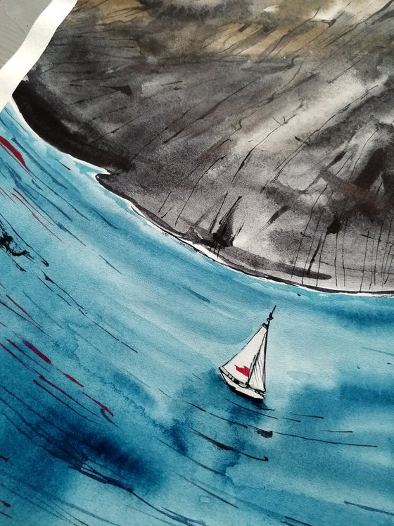 Sailboat painting/ Scandinavian landscape