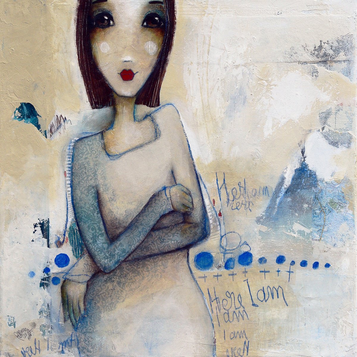 Expressive Portrait Acrylic Painting By Armandine Js, 16 X 16, Here I Am, Original Artwork