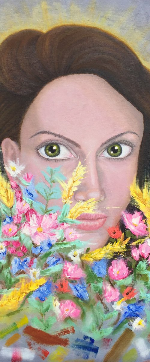 Be able to create. Woman oil portrait. Abstract flowers 60x50x0.5cm/23.6x19.7in by Tatiana Myreeva