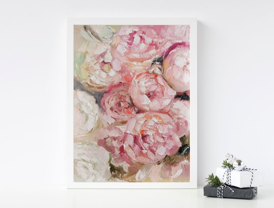 Pink flowers painting, Textural painting on canvas