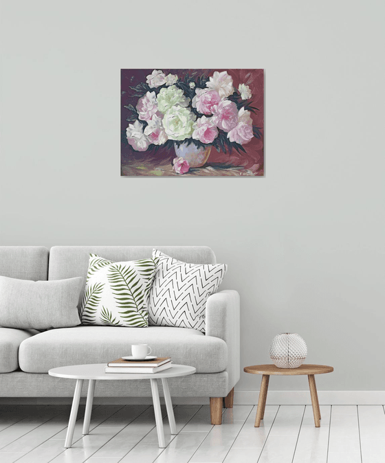 Peonies in vase (60x80cm, oil painting, palette knife)