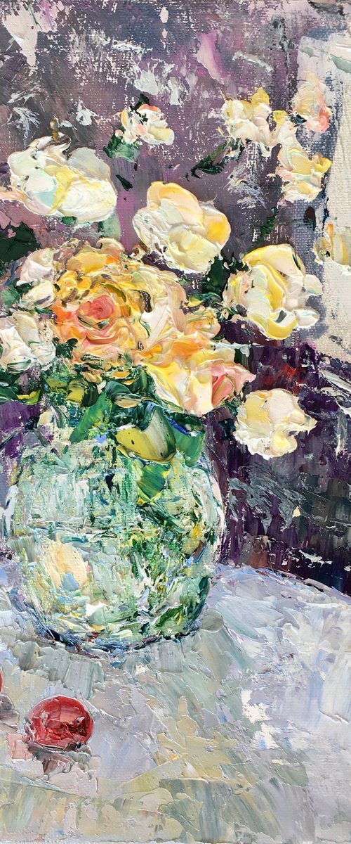 Still life with roses and cherries by Vilma Gataveckienė
