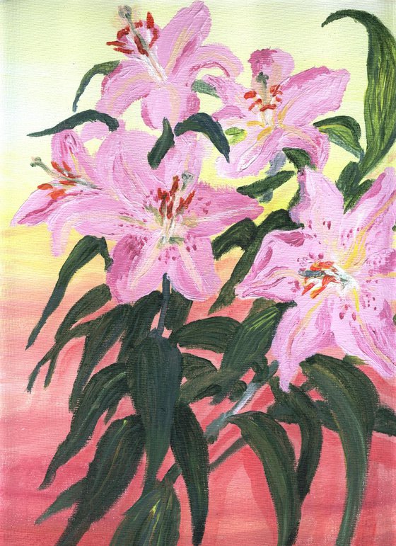 lilies on pink and yellow ground