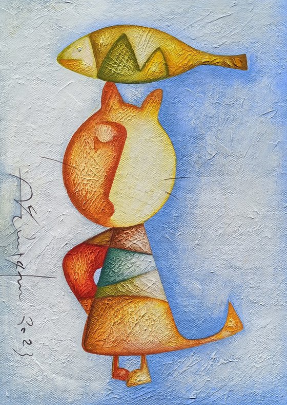 Fish and cat(35x25cm, acrylic/canvas, ready to hang)