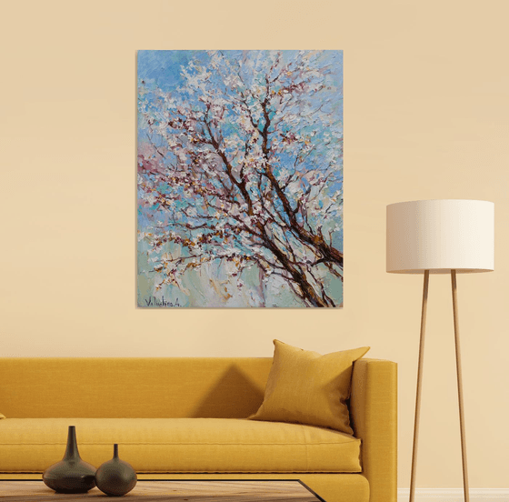 Flowering apricot tree Original oil painting