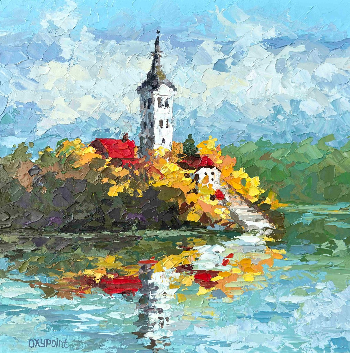 Impressionistic Landscape Oil Painting By Oxypoint, 12 X 12", "Lake Bled", Original Artwork