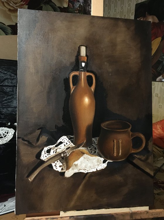 STILL LIFE WITH WINE, BREAD, KNIFE AND CLAY MUG - classical oil painting, old masters technique, vintage, village style, photorealism