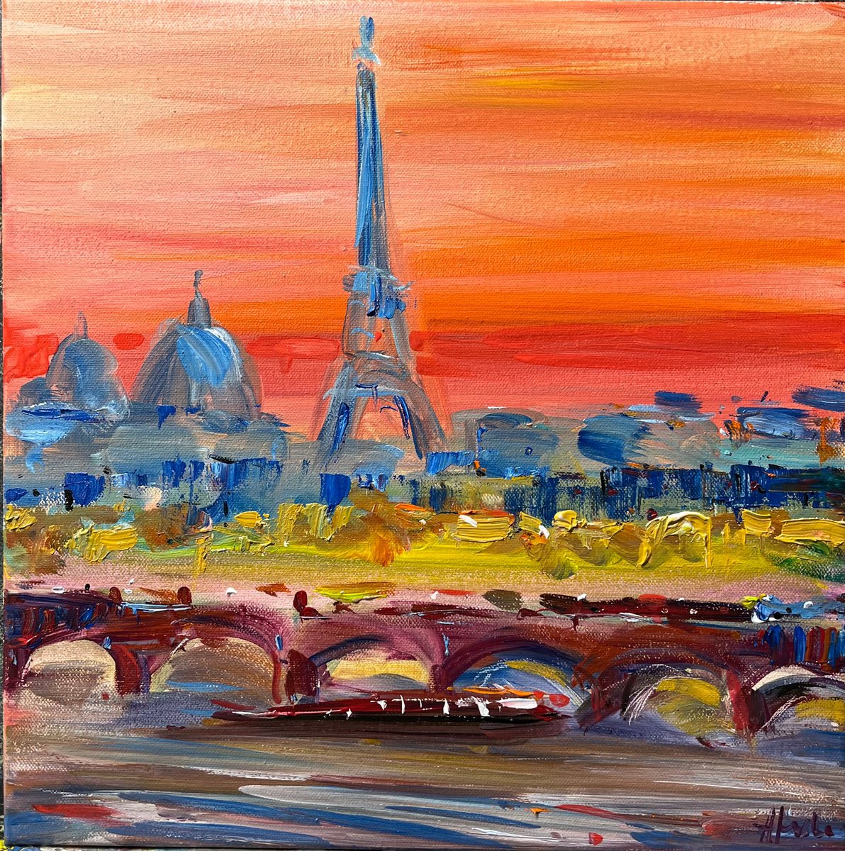 Impressionistic Landscape Acrylic Painting By Altin Furxhi, 16 X 16, Sunset In Paris., Original Artwork