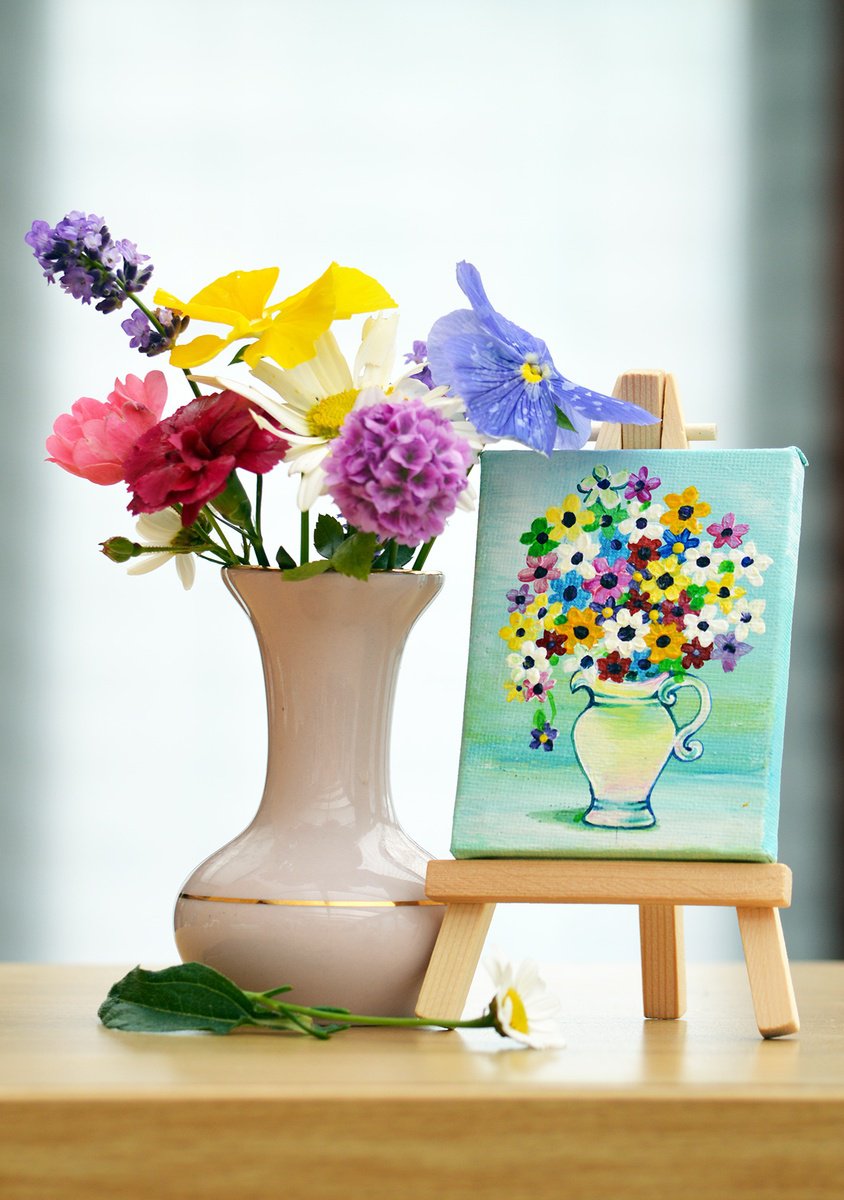 Flowers, Still Life, flowers in white vase original acrylic painting with easel by Diana Aleksanian