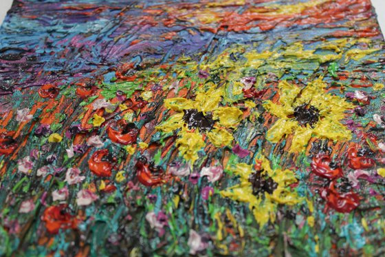 Sunflowers amidst the Wild Flowers, 2017 - Landscape Impressionistic Palette Knife Acrylic Painting on Canvas Board