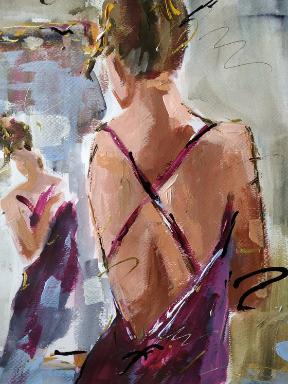 Magenta Dress - Woman Mixed Media Painting on Paper