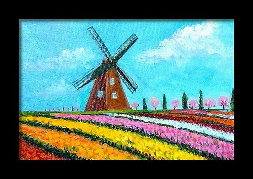 Miniature Dutch Windmill and Tulips Landscape by Asha Shenoy