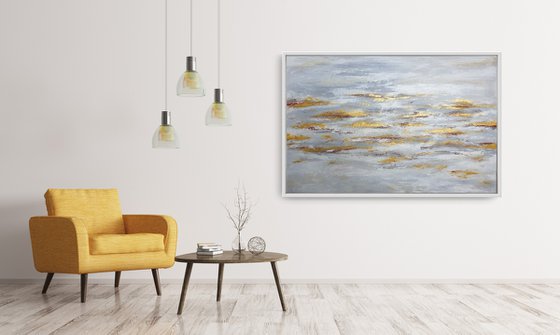 Large Abstract White Gray and Gold Painting (