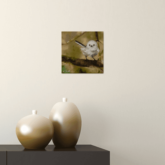 Fluffy Small White Bird Painting Original Animal Art, Pretty Birds Wall Art, Gift for Long-tailed Tit Lovers, Farmhouse Decorations Xmas Art