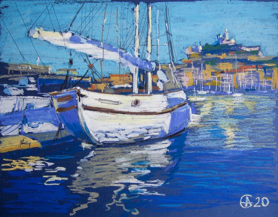 Marseille harbour. Oil pastel painting. Small interior decor travel gift shadow original impression urban sea boat france