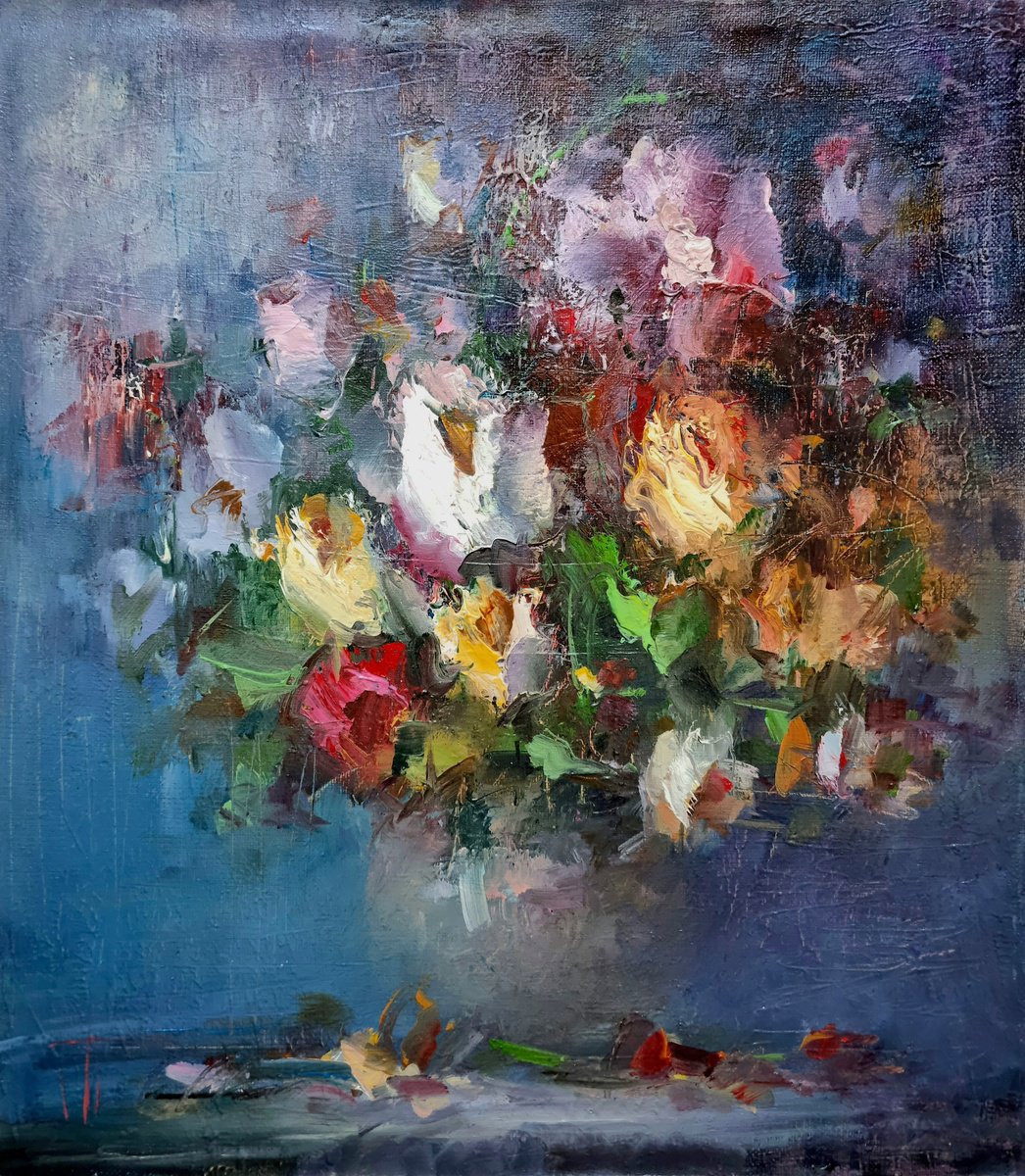 Impressionistic Botanical Oil Painting By Hennadii Penskyi, 14 X 16, Noir, Original Artwork