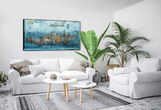 RHEINGOLD - 80 x 160 CM - TEXTURED ACRYLIC PAINTING ON CANVAS * BLUE * GOLD