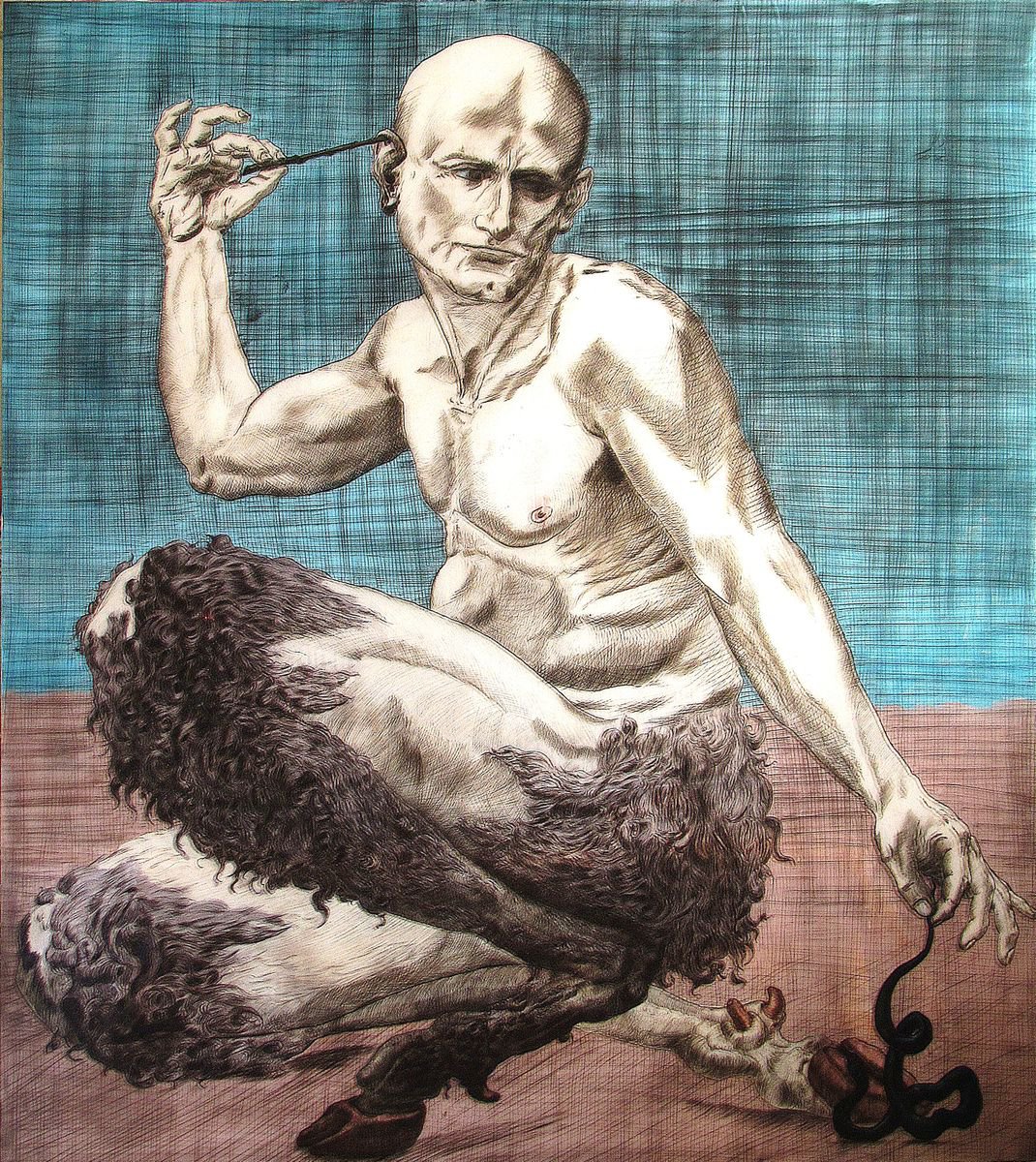 Portrait Painting By Antonio Mele, 44 X 47, Pan E Il Serpente, Original Artwork