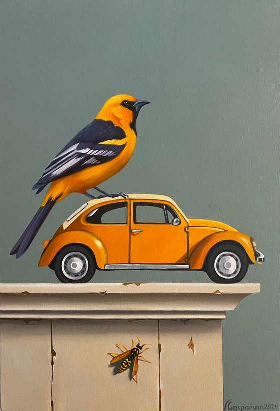 Still life with bird and yellow car