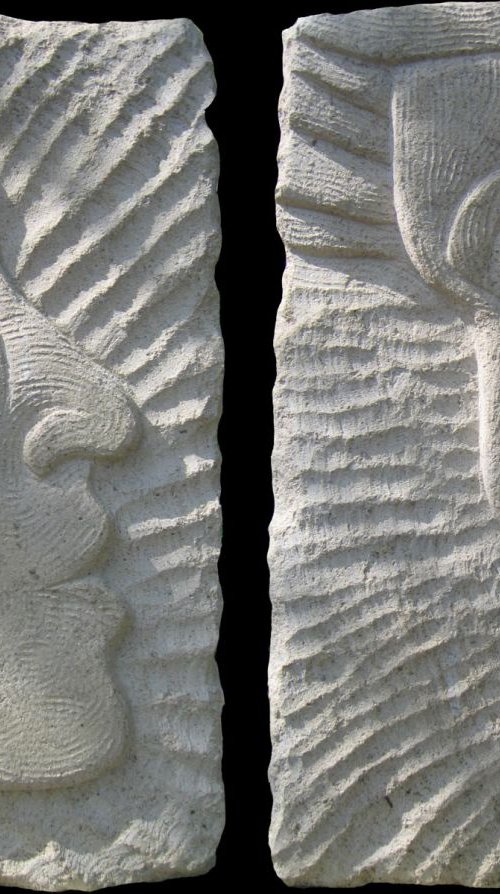 Morning and Evening; double-sided stone carving 29cm high by Phyllis Mahon