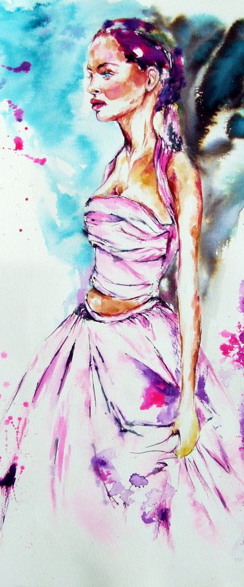 Pink angel / Portrait of a fashion woman / Watercolour by Anna Sidi-Yacoub