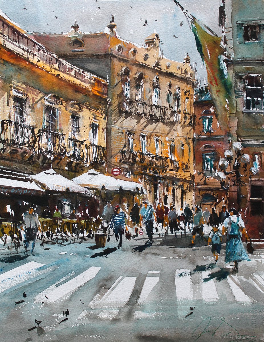 Impressionistic Cityscapes Watercolour By Maximo Damico, 4 X 6", Duomo Square, Original Artwork