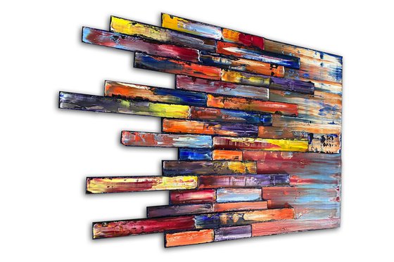 "Stacking Up" - Original PMS Assemblage Sculptural Painting On Wood and Wooden Pieces - 36 x 24 inches