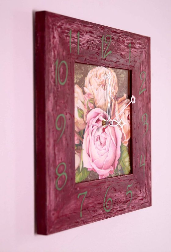 Painting square wall clock Peonies Kitchen wall art canvas Farmhouse decor Modern acrylic painting Flower pink beige orange Original clock