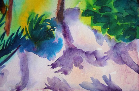 Abstract tropical trees original watercolor painting Spanish green forest