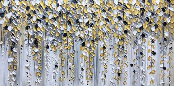 Golden Cascade - Original Abstract Falling Gold Leaves FlowerPainting, White Flower Painting, Size: 48 x 24 inches (120 x 60 cm)