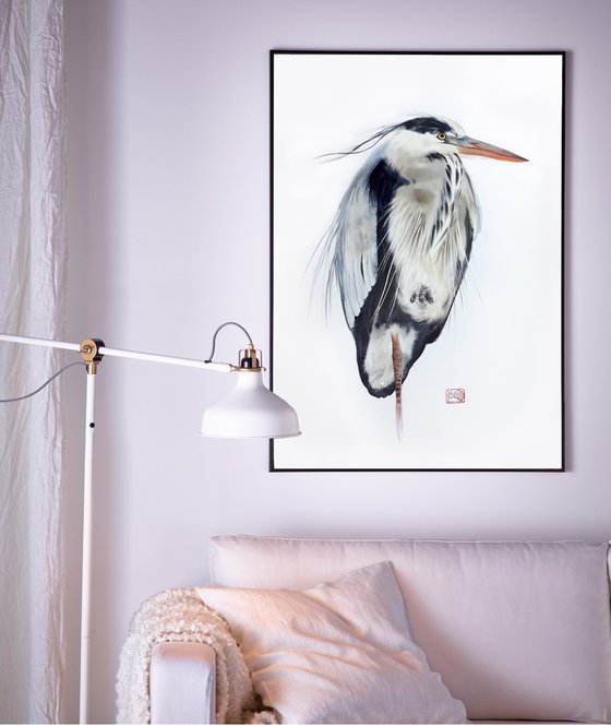 Grey heron  - Great Blue Heron - bird painting -  heron