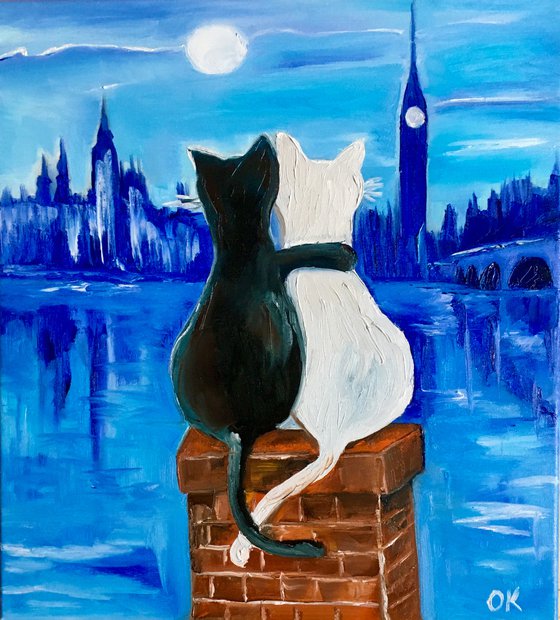 Cats in London. Mystic  night in London, Parliament.