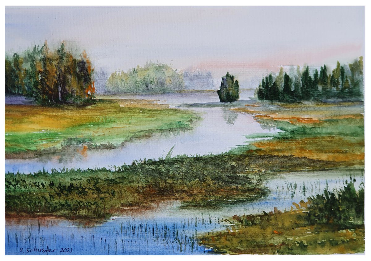 Impressionistic Landscape Watercolour By Yulia Schuster, 12 X 9", Peaceful Evening, Original Artwork