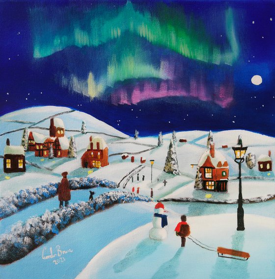 Winter village, folk art painting, oil on canvas naive art