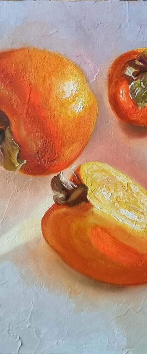 "Fragrant persimmon. "  still life liGHt original painting PALETTE KNIFE  GIFT (2021) by Anna Bessonova (Kotelnik)