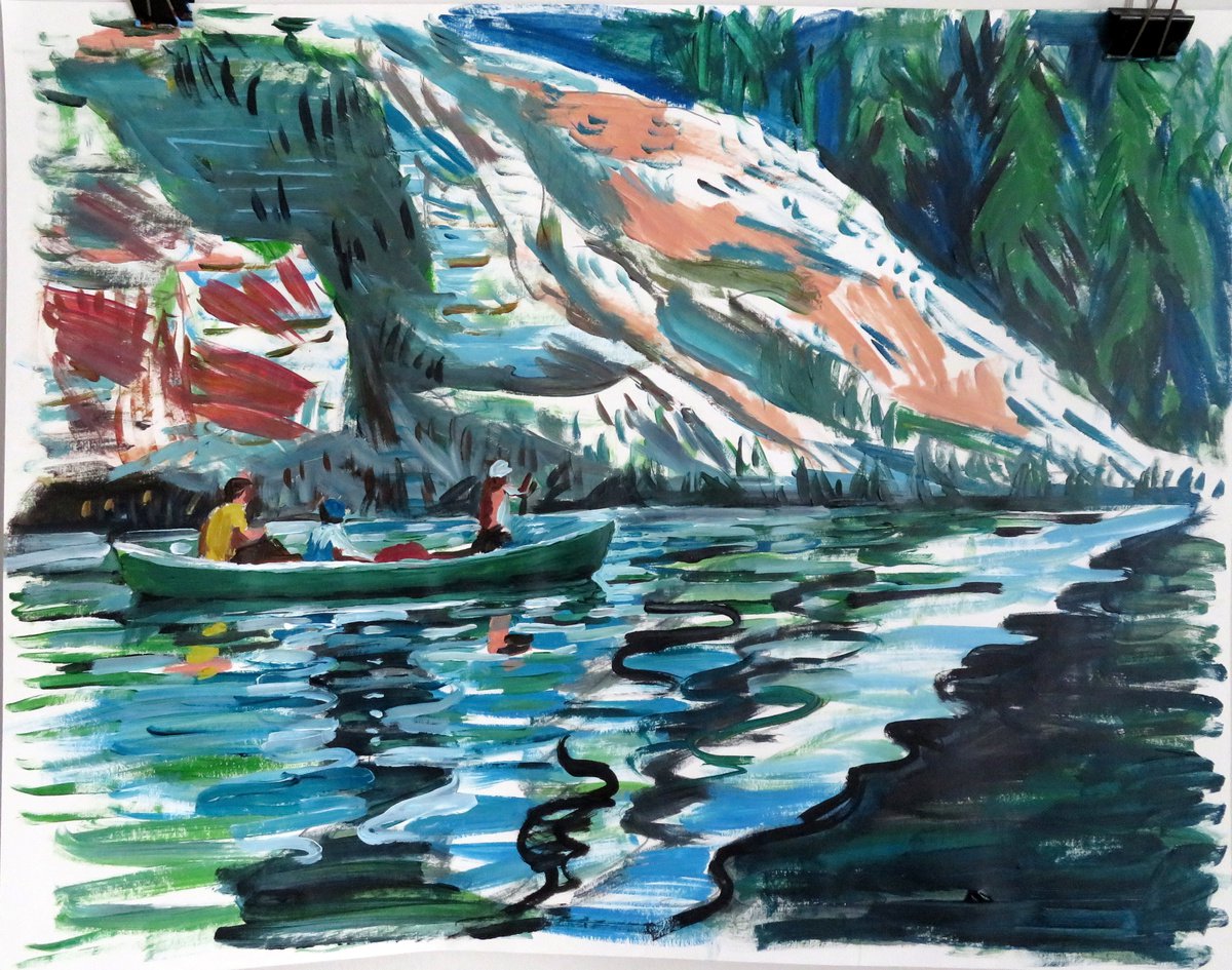Impressionistic Landscape Acrylic Painting By Stephen Abela, 28 X 22", Canoe Trip, Original Artwork