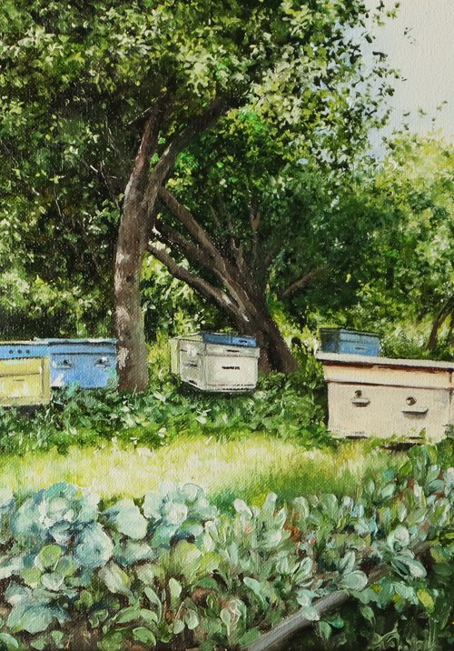 Backyard Bee Hives, Summer Orchard Scenery. by Natalia Shaykina