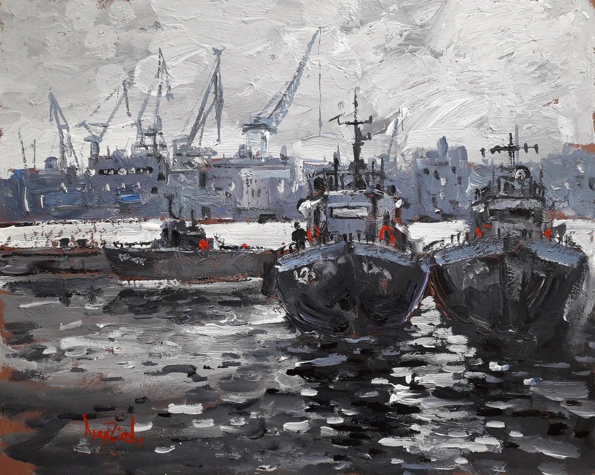 Boats by the shore Texture painting Original painting by Alexander Zhilyaev