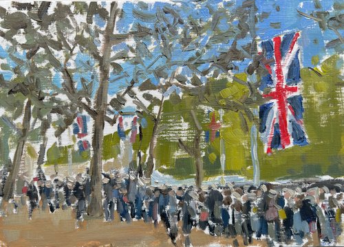 Waiting for the Queen's coffin procession - the Mall by Louise Gillard