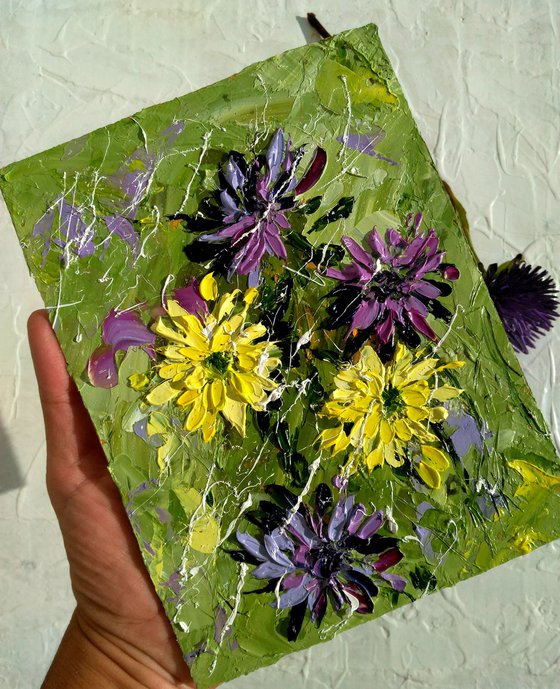 Asters Painting Floral Original Art Daisy Oil Impasto Pallete Knife Painting Abstract Flowers Small Home Wall Art 6 by 8" by Halyna Kirichenko