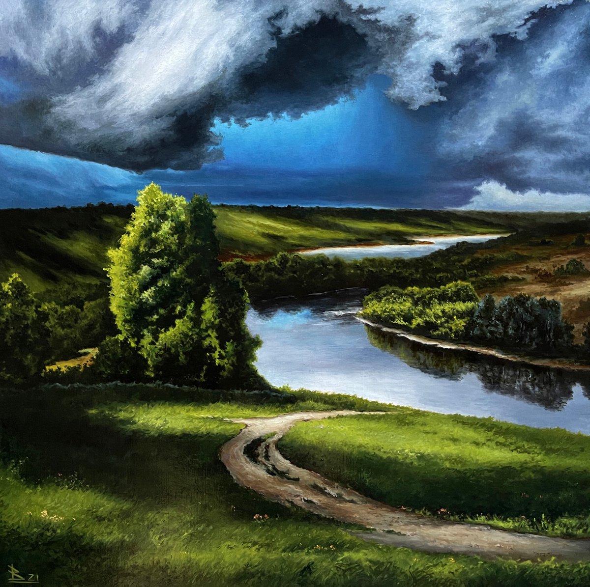 Impressionistic Landscape Oil Painting By Oleg Baulin, 31 X 31", There Will Be A Thunderstorm, Original Artwork