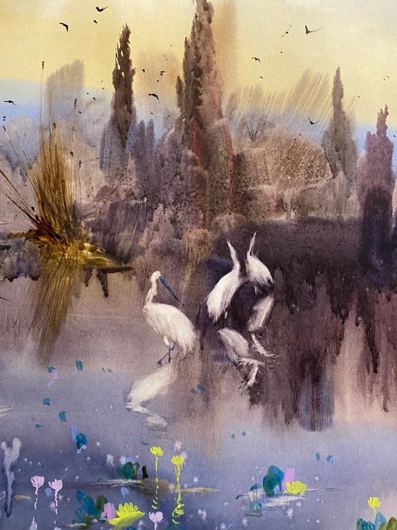 Watercolor Sold “Evening on the lake.White birds” perfect gift