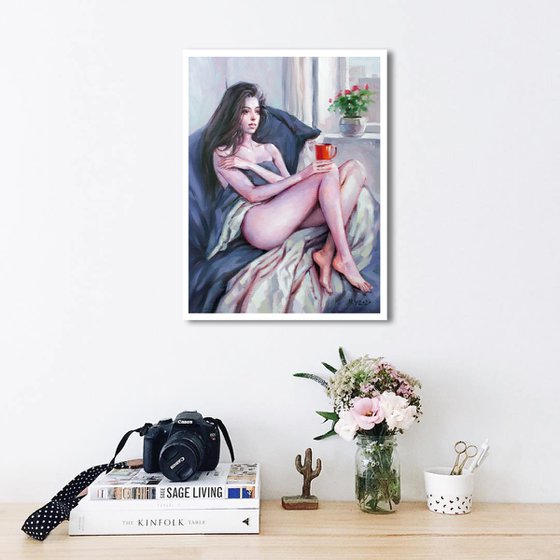 TENDER MORNING - Captivating Beauty and Morning Bliss: Original Oil Painting of a Serene Girl Enjoys Coffee by the Window