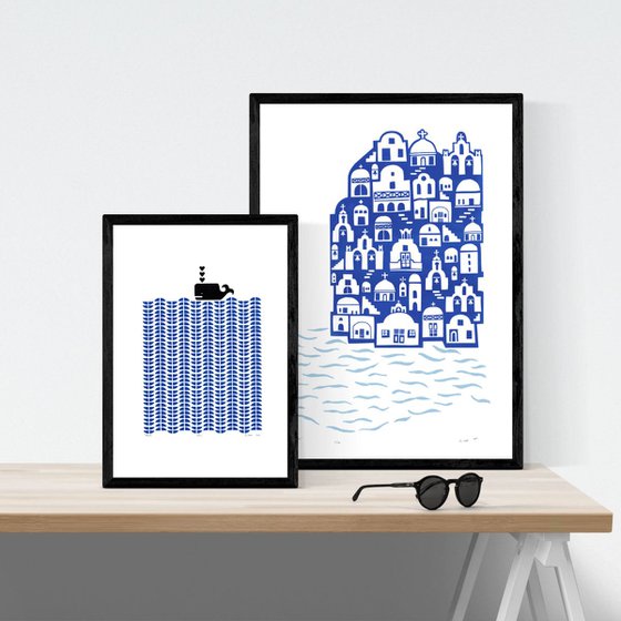 Whale in Santorini Blue - Framed - FREE Worldwide Delivery