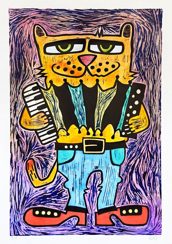 Сat with accordion, color #2