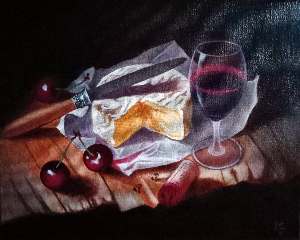 Still life with cheese and cherries, original oil painting by Maya Jola