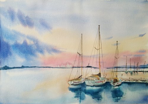 Boats in sunset artwork, watercolor illustration by Tanya Amos