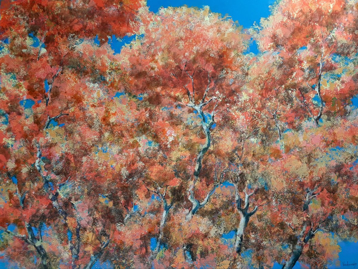 Impressionistic Landscape Acrylic Painting By Vadim Vaskovsky, 40 X 30", Maple Crowns, Original Artwork