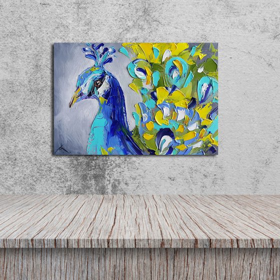 Peacock - bird, oil painting, colored bird, palette knife, art, gift,animal